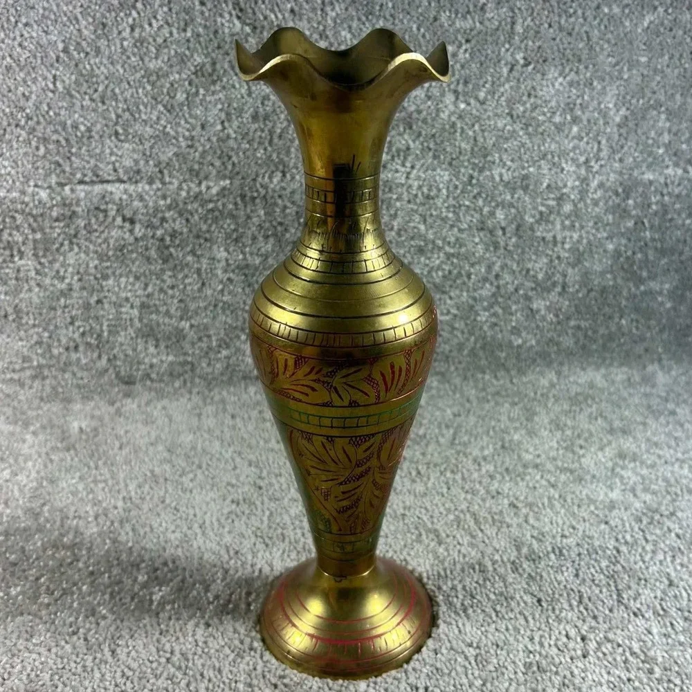 Vintage Brass Bud Vase Etched Floral Enamel Scalloped Rim Decor